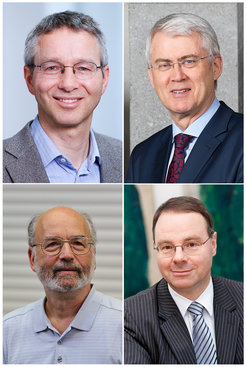 Die Experten auf dem Podium: Adi Shamir, Joachim Buhmann, Ulrich Sieber und Dietmar Harhoff (von links nach rechts). Moderiert wurde das Podiumsgespräch von Tobias Kollmann, Lehrstuhlinhaber für E-Business und E-Entrepreneurship an der Universität Duisburg-Essen (Mitte).
