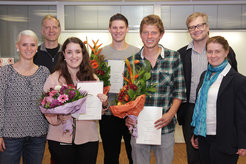 Trainee Prize 2015 (left to right): Melanie Grosser, Angela Sacher, Matthias Mann (Managing Director, MPI of Biochemistry), Alexander Ullrich, Xaver Raid, Herwig Baier (Managing Director, MPI of Neurobiology), Katrin Schultz