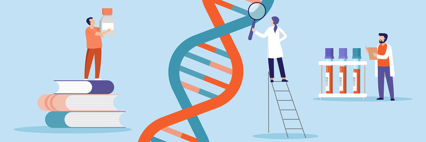 Illustration mit Forschenden, die ein DNA-Molekül untersuchen. Daneben Reagenzgläser und Bücher.