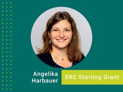 Portrait photo of group leader Angelika Harbauer with text “ERC Starting Grant – Angelika Harbauer”.