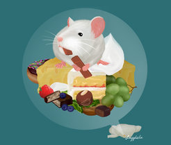 Drawing of a mouse, sitting on a piece of cheese amidst other fruits and pastries, chewing on a piece of chocolate.