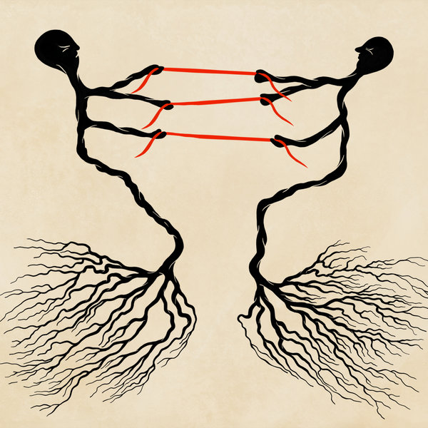 Two nerve cells in the shape of humans are pulling three red ribbons in opposite directions with strained faces.