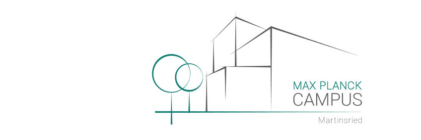 Der Max-Planck-Campus in Martinsried Zeichnung mit angedeuteten Gebäuden und Bäumen. Dazu der Schriftzug Max Planck Campus Martinsried