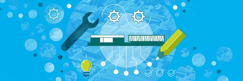Baulich-technisches Campusmanagement Illustration mit stilisierten Zahnrädern, einem Schraubenschlüssel, einer Glühbirne, einem Stift, dem Werkstattgebäude in Seewiesen und dem Institutseingang in Martinsried.