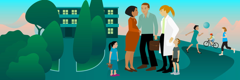 Drawing of a group of people standing in front of trees and a building. The group includes children, women, men, and a pregnant woman. In the background, two people are playing ball and one person is riding a bicycle.