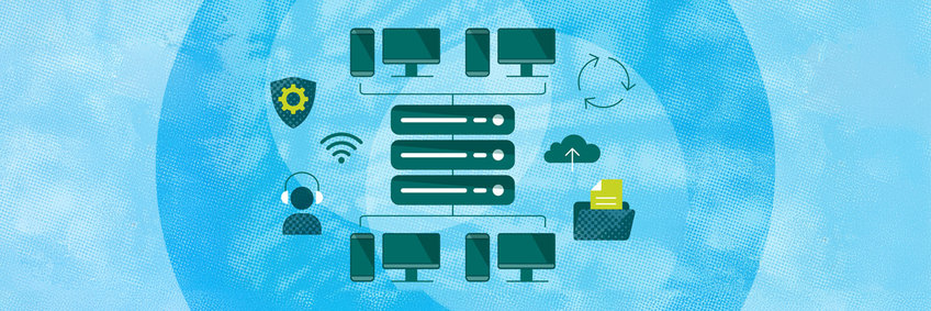 IT Service Illustration von drei Servern, mit denen vier Computer und Handys über ein Netzwerk verbunden sind