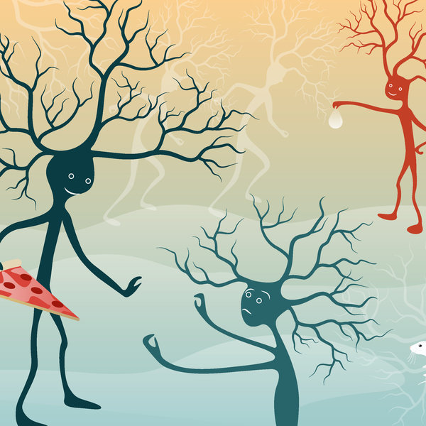 Drawing of nerve cells with faces. One is holding a slice of pizza and smiling, another is holding a drop of water, while a third is looking sadly at the nerve cell with the pizza. At the bottom right is a mouse.